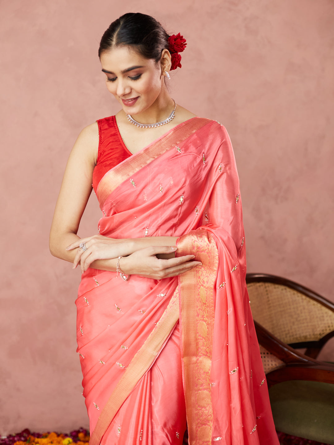 Coral Glow Silk Saree with embroidery