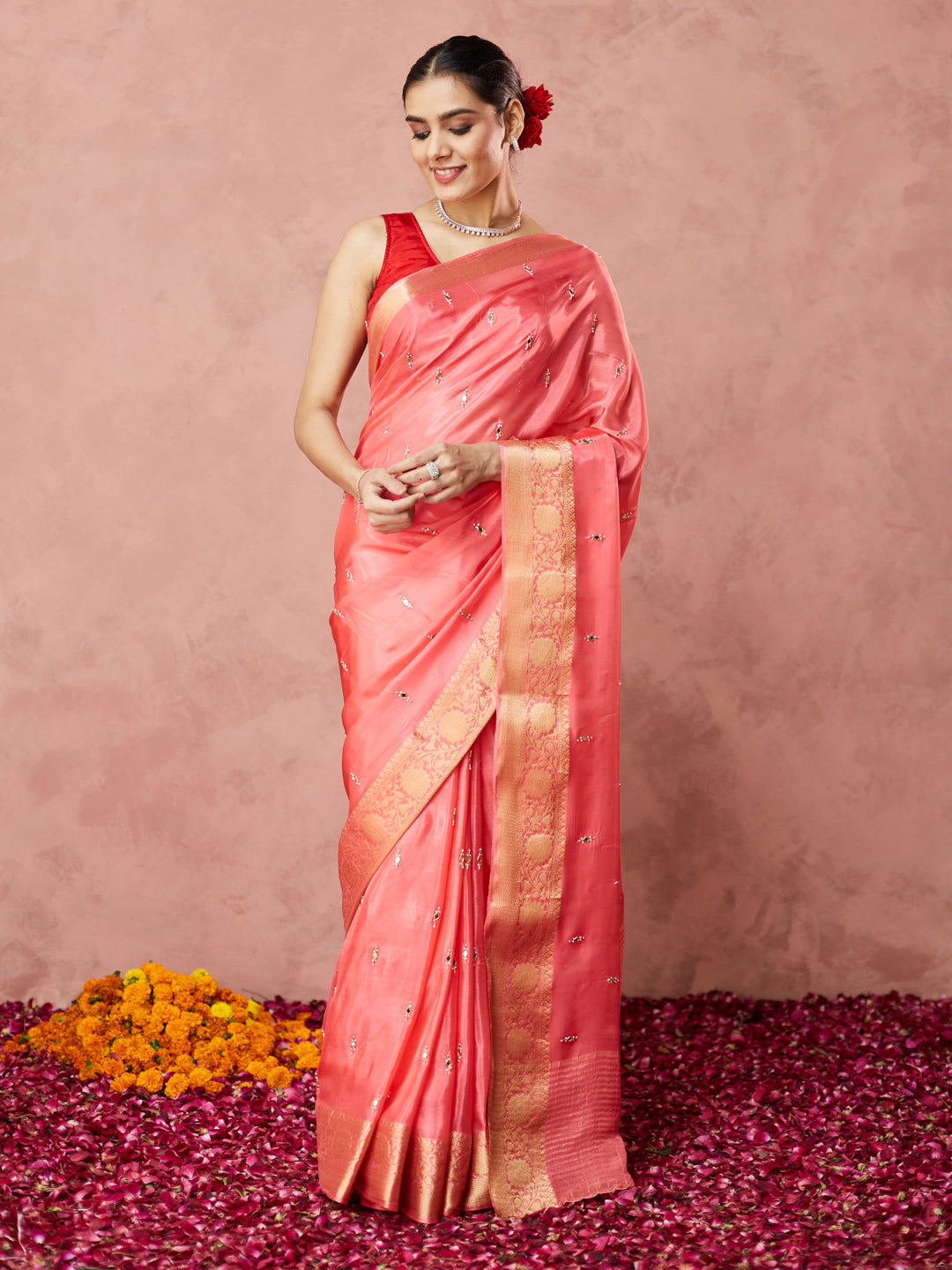 Coral Glow Silk Saree with embroidery