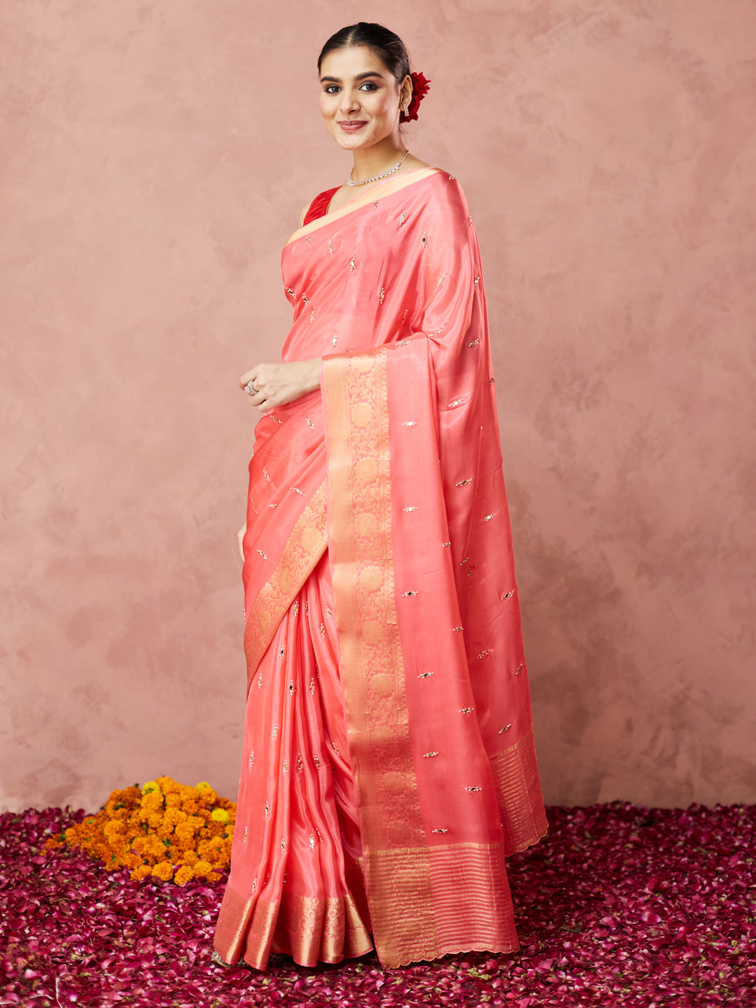 Coral Glow Silk Saree with embroidery