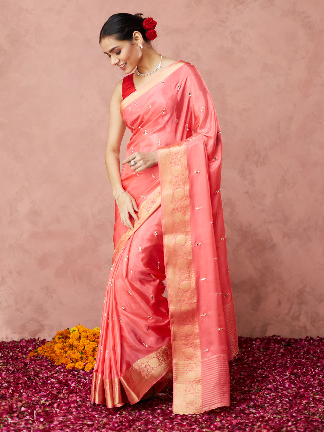 Coral Glow Silk Saree with embroidery