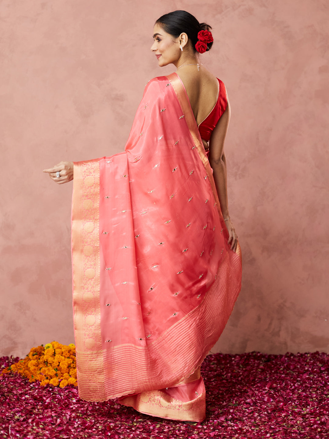 Coral Glow Silk Saree with embroidery