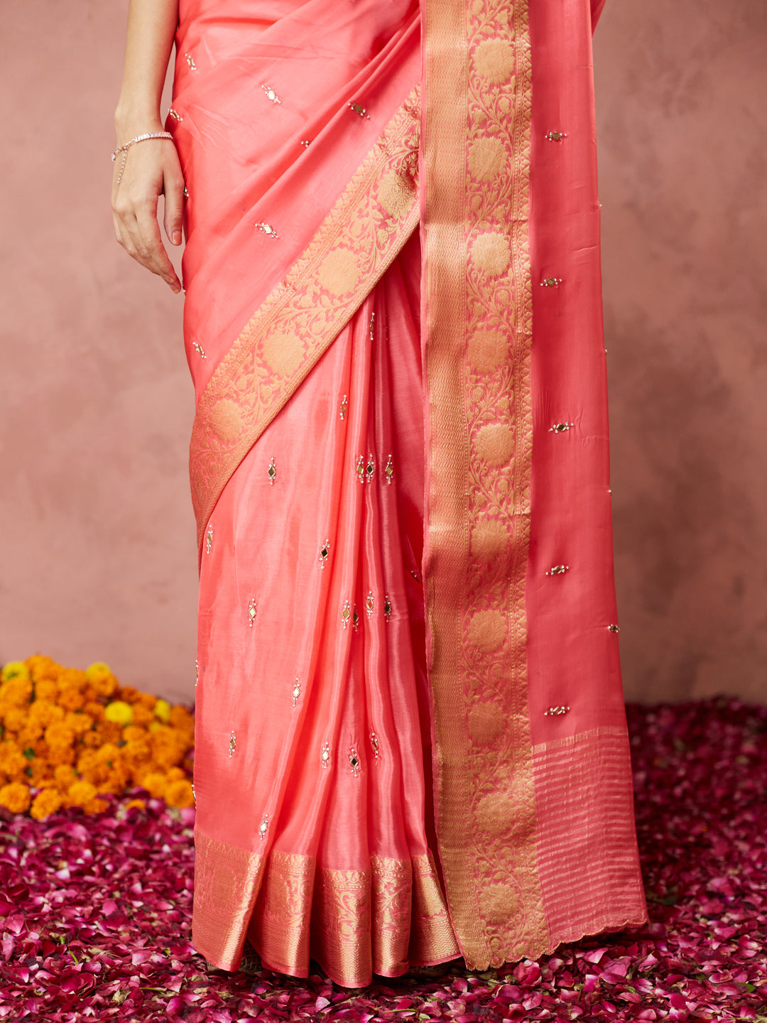 Coral Glow Silk Saree with embroidery