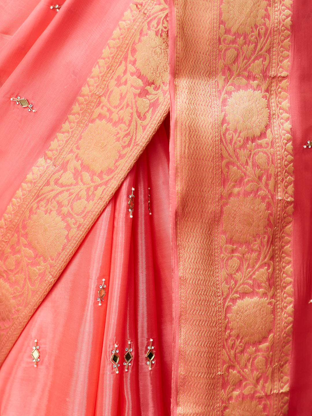 Coral Glow Silk Saree with embroidery