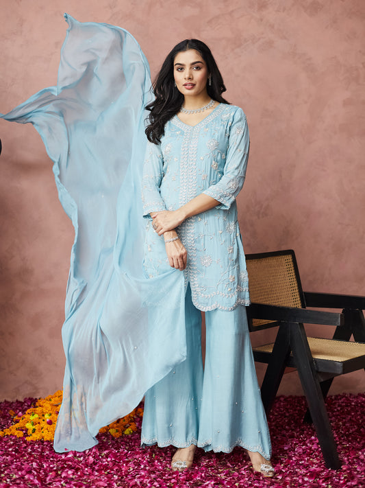 Sky Blue Hand work Palazzo Set with dupatta