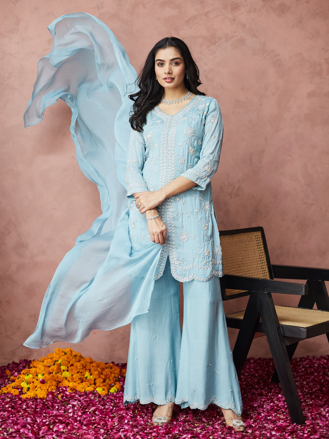 Sky Blue Hand work Palazzo Set with dupatta