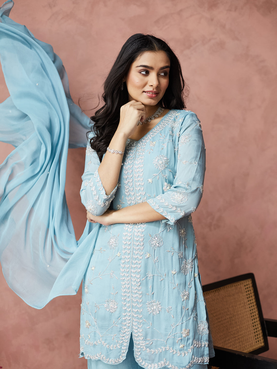 Sky Blue Hand work Palazzo Set with dupatta