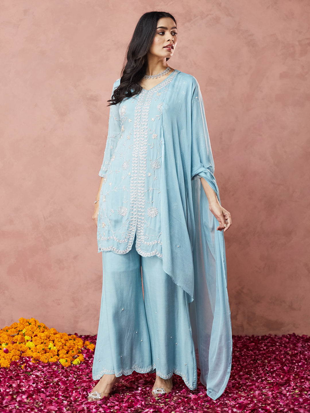 Sky Blue Hand work Palazzo Set with dupatta