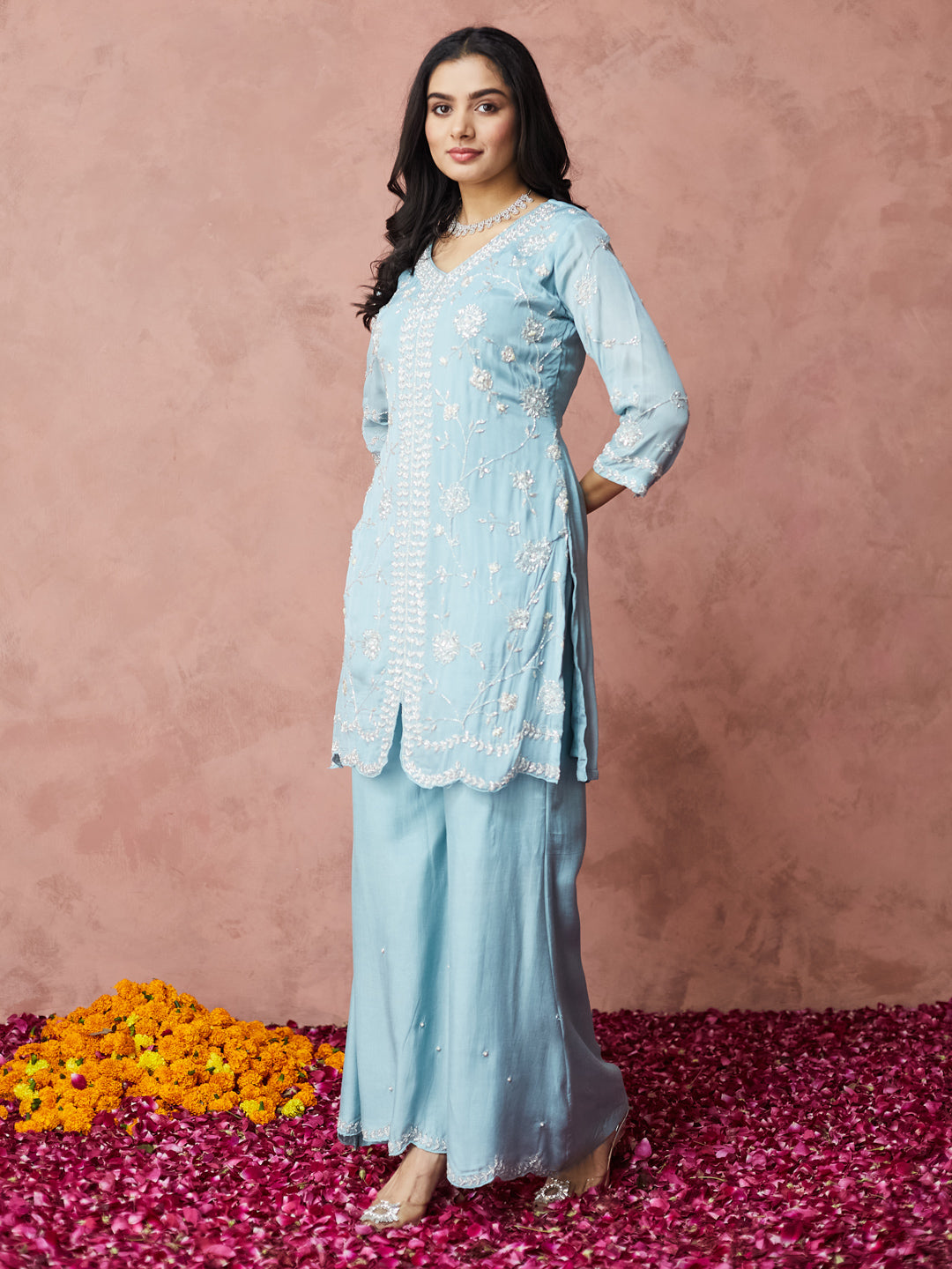 Sky Blue Hand work Palazzo Set with dupatta