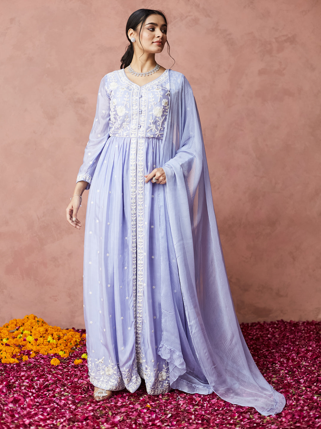 Lavender Embroidered Anarkali Set