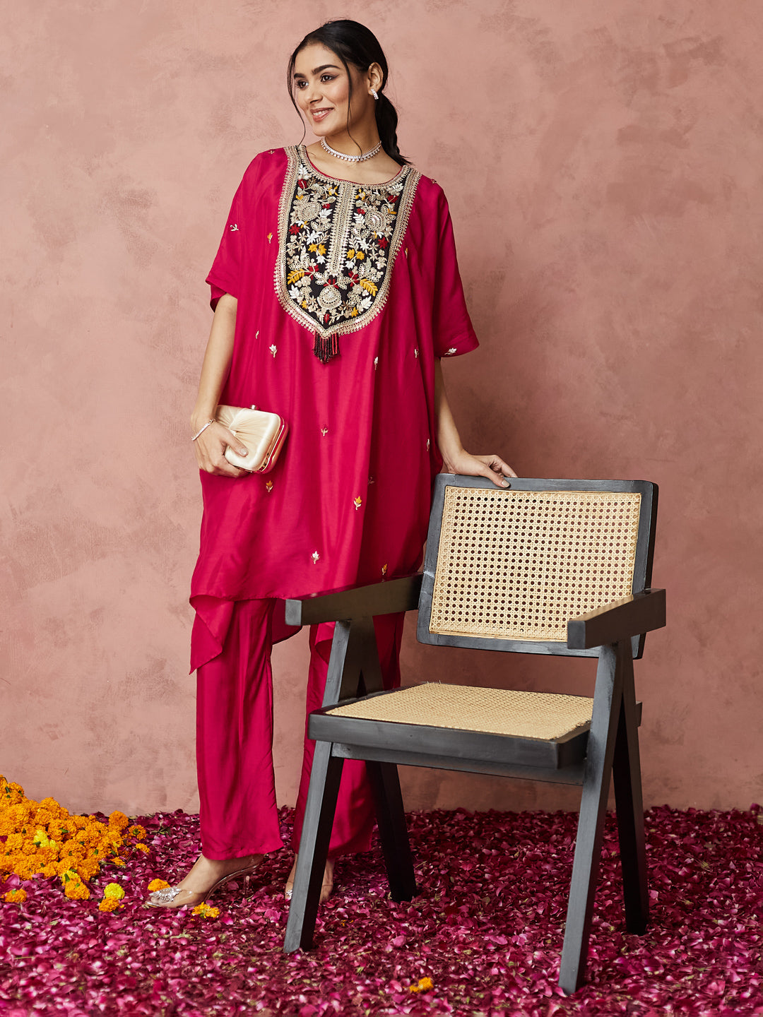 Fuchsia Bloom Embroidered Kaftan Set