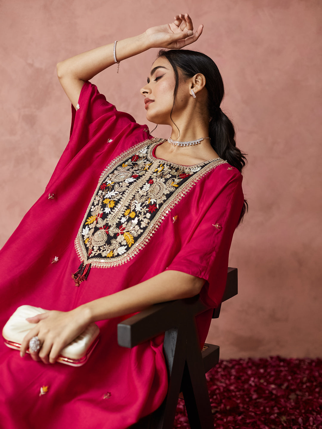 Fuchsia Bloom Embroidered Kaftan Set