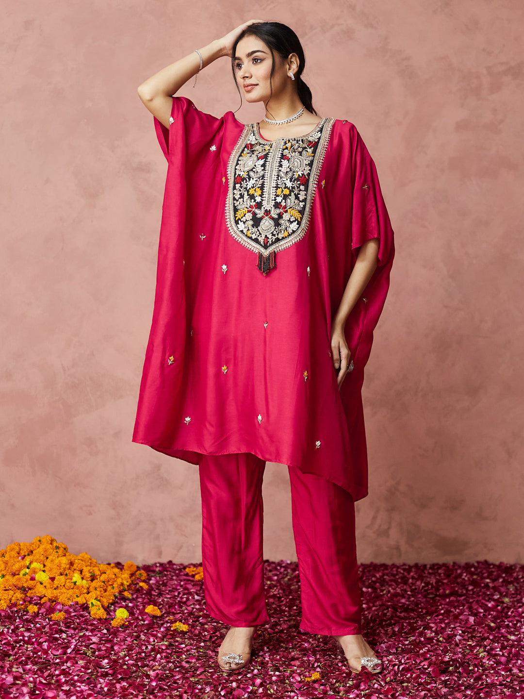 Fuchsia Bloom Embroidered Kaftan Set