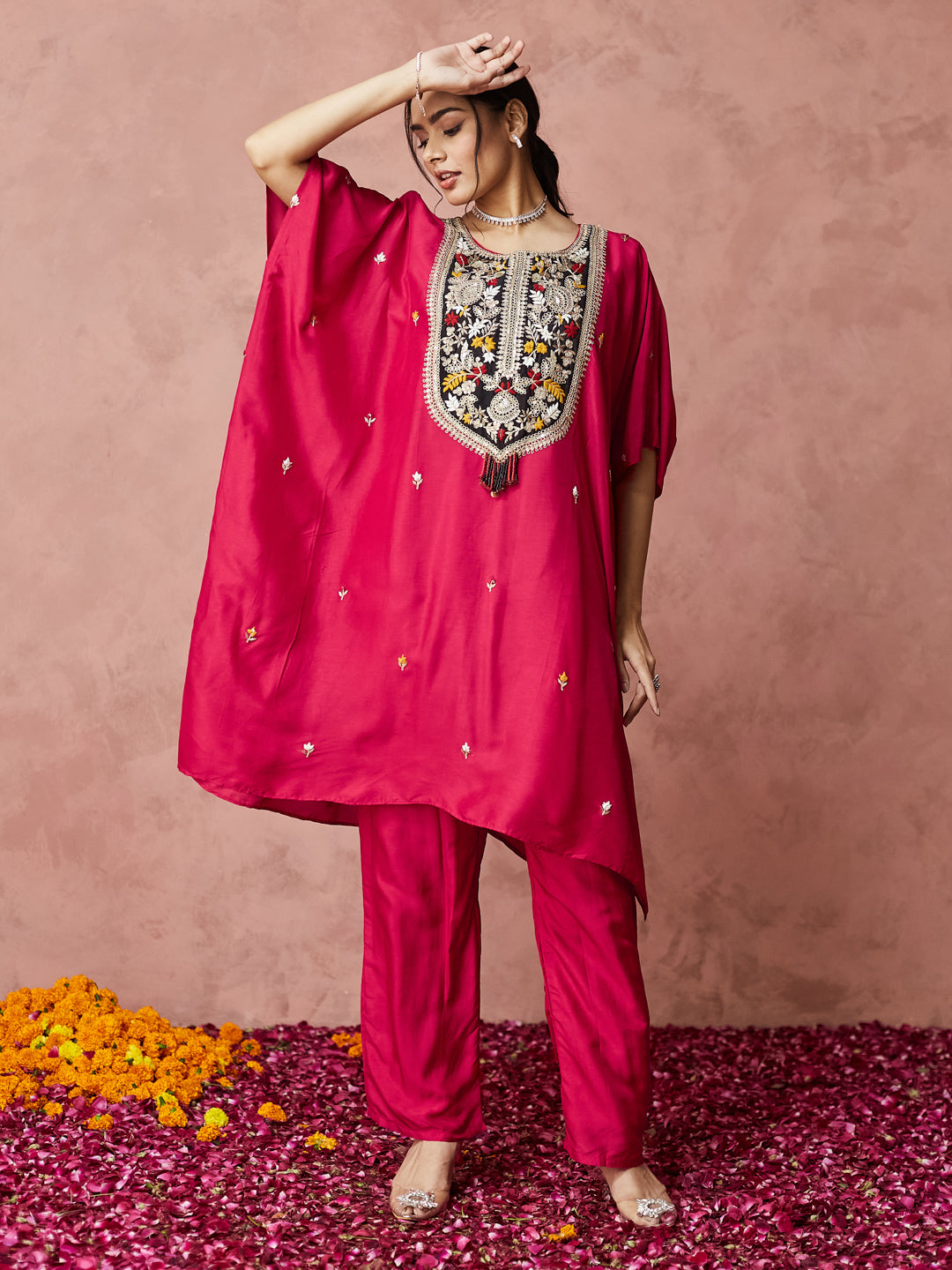 Fuchsia Bloom Embroidered Kaftan Set