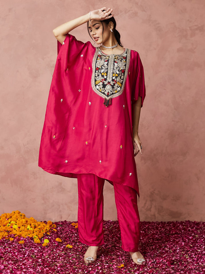 Fuchsia Bloom Embroidered Kaftan Set