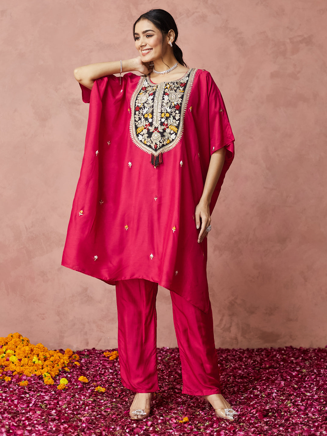 Fuchsia Bloom Embroidered Kaftan Set