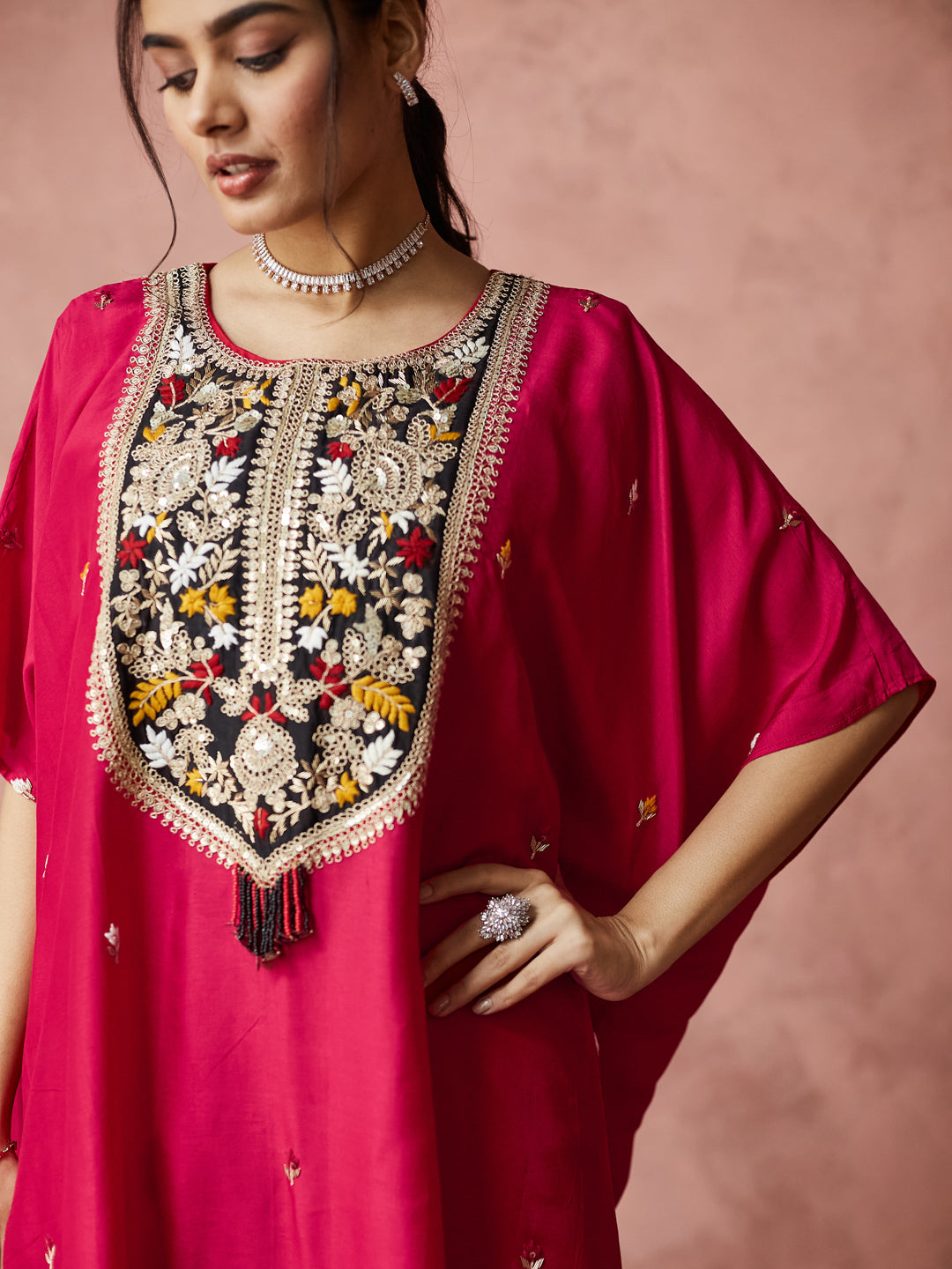 Fuchsia Bloom Embroidered Kaftan Set