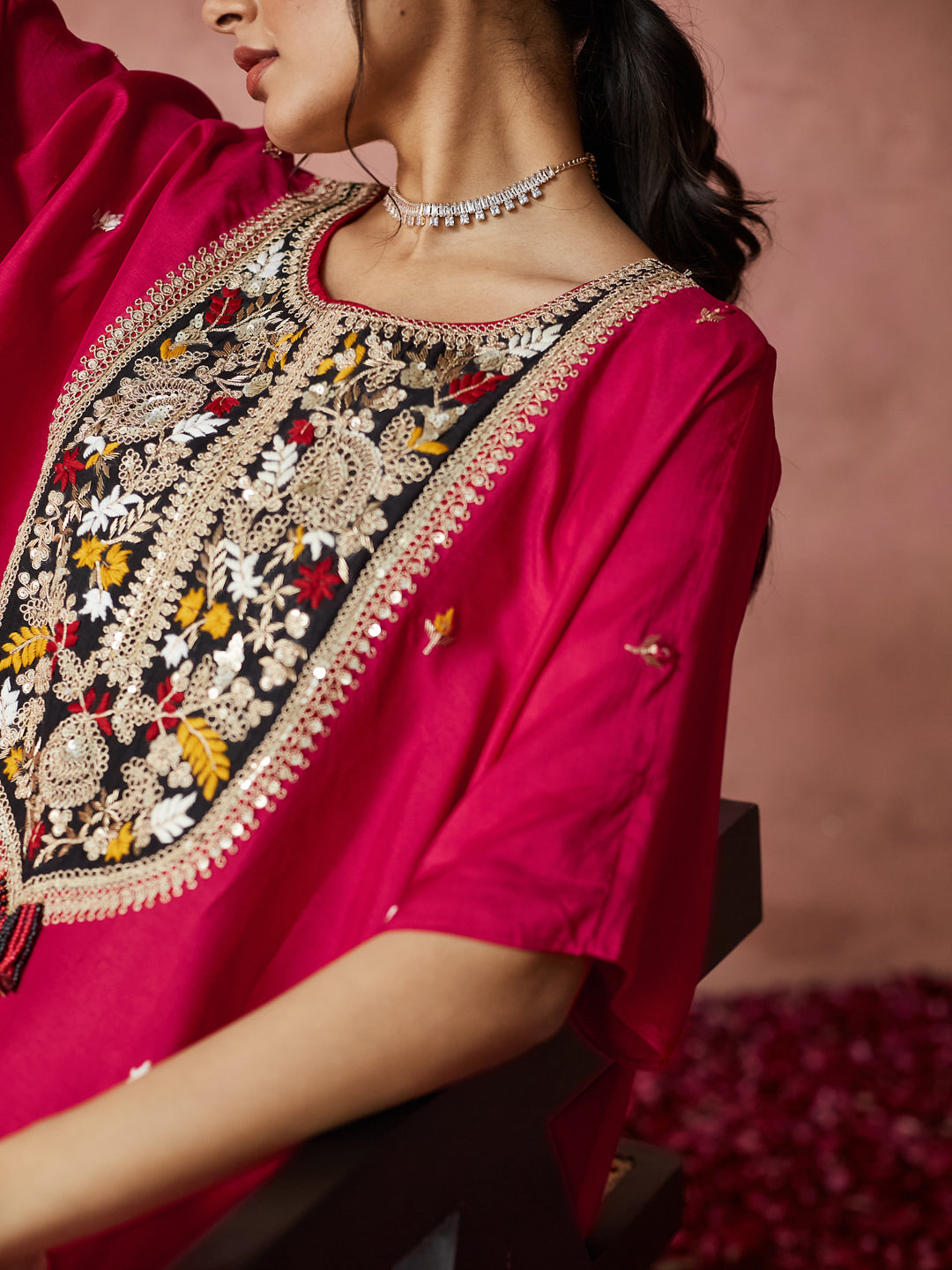 Fuchsia Bloom Embroidered Kaftan Set