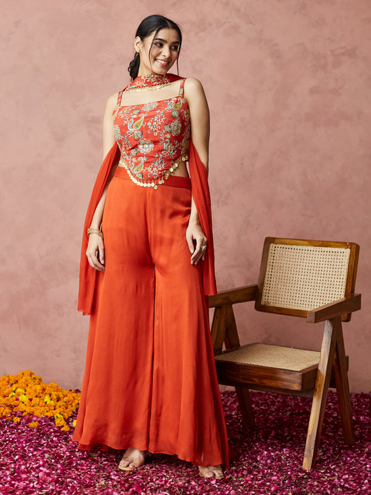 Festive Orange Embroidered Palazzo set