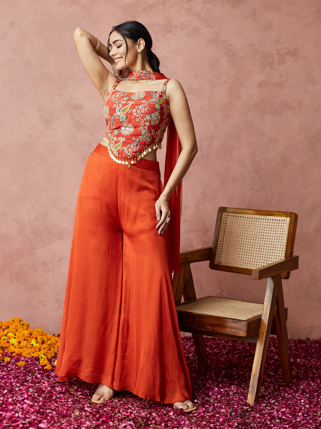 Festive Orange Embroidered Palazzo set