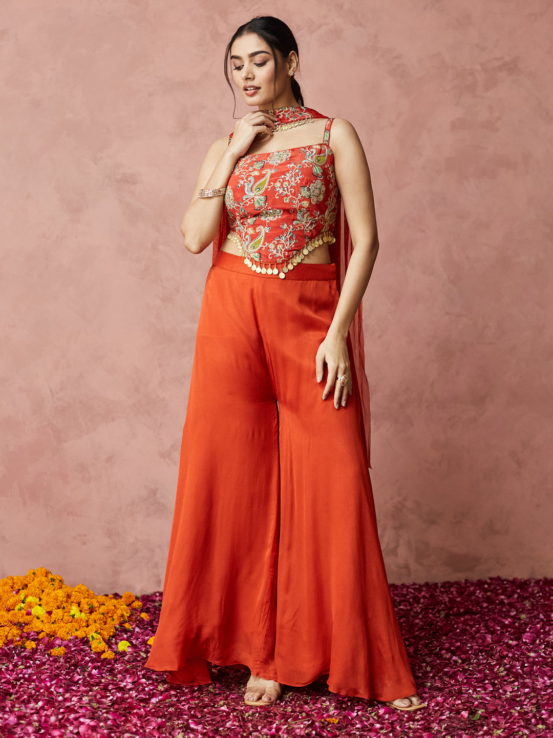 Festive Orange Embroidered Palazzo set