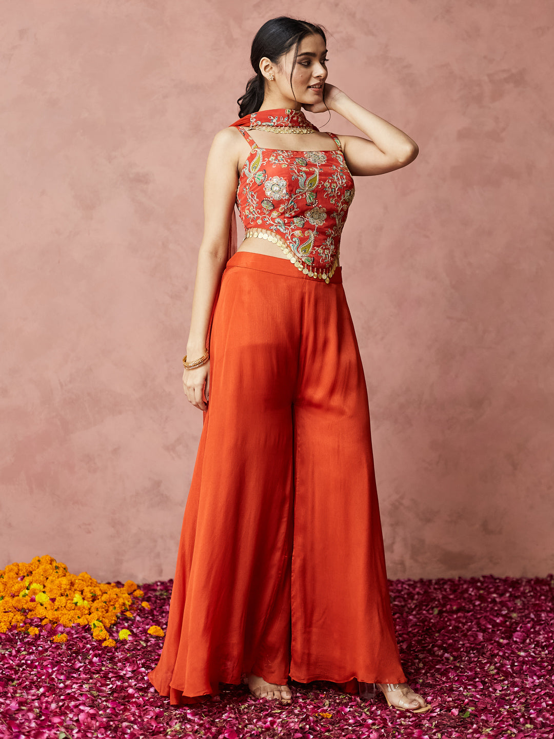 Festive Orange Embroidered Palazzo set