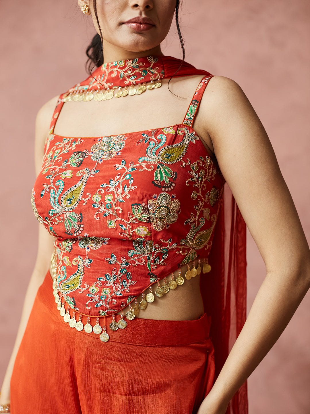 Festive Orange Embroidered Palazzo set