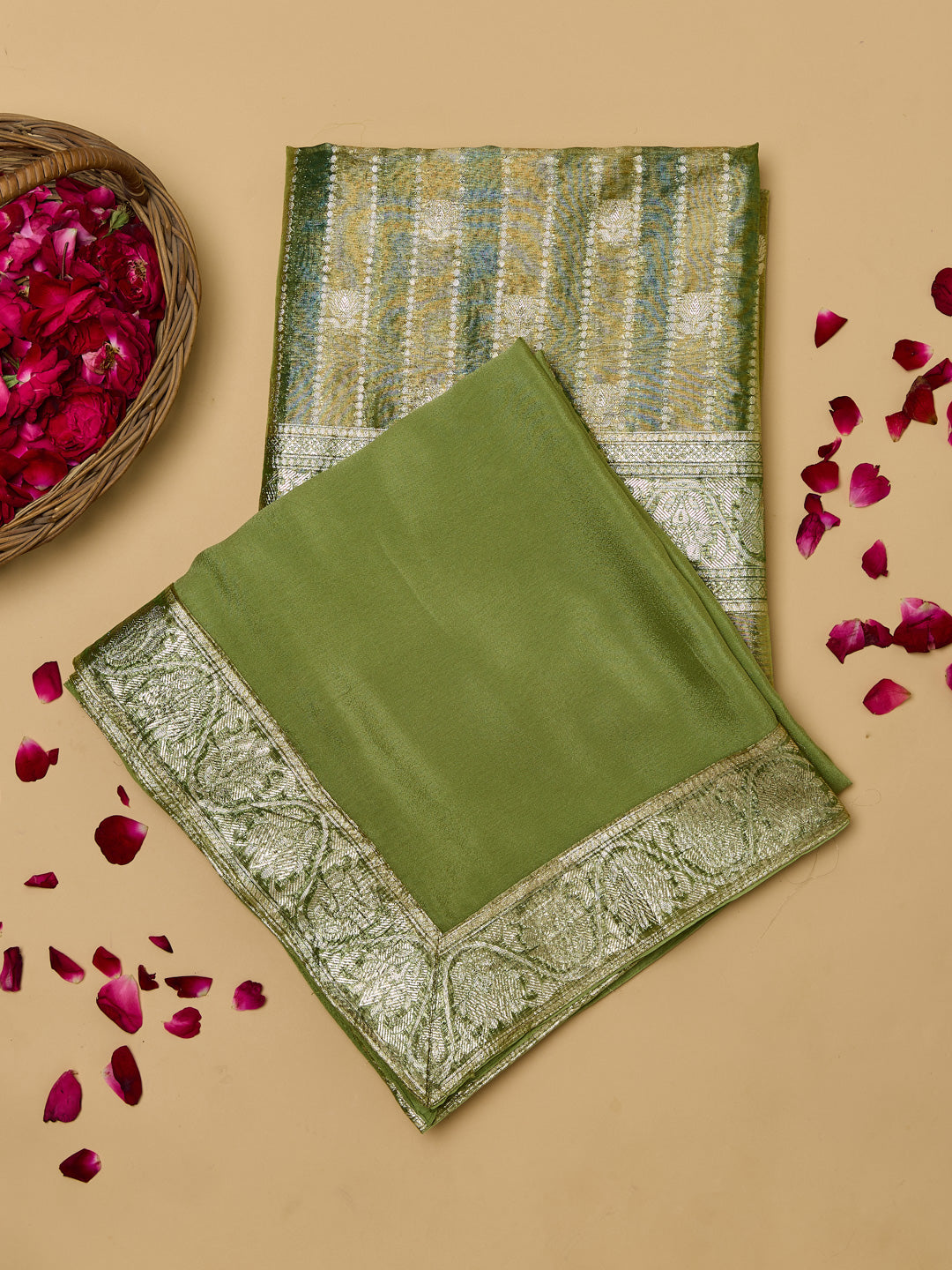 Olive Green Banarasi Silk Unstitched suit