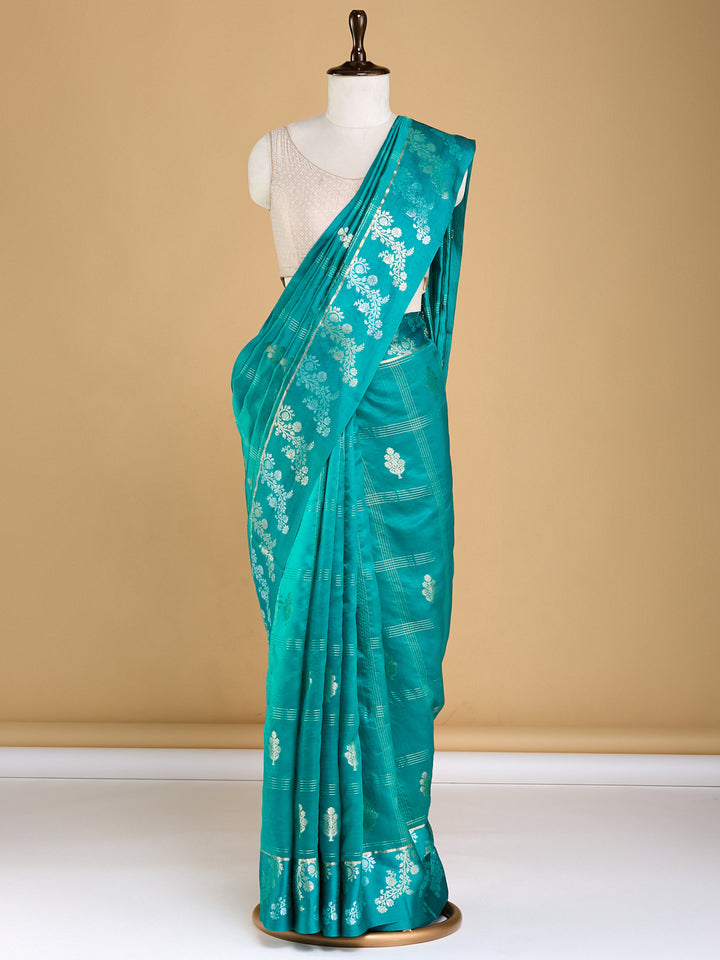 Gorgeous Teal Floral Banarasi Saree