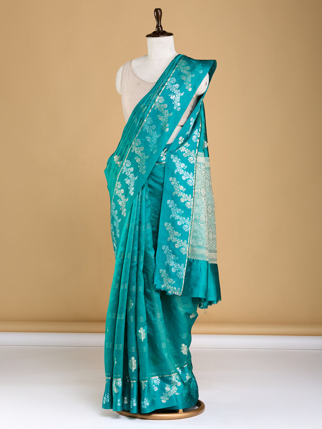 Gorgeous Teal Floral Banarasi Saree