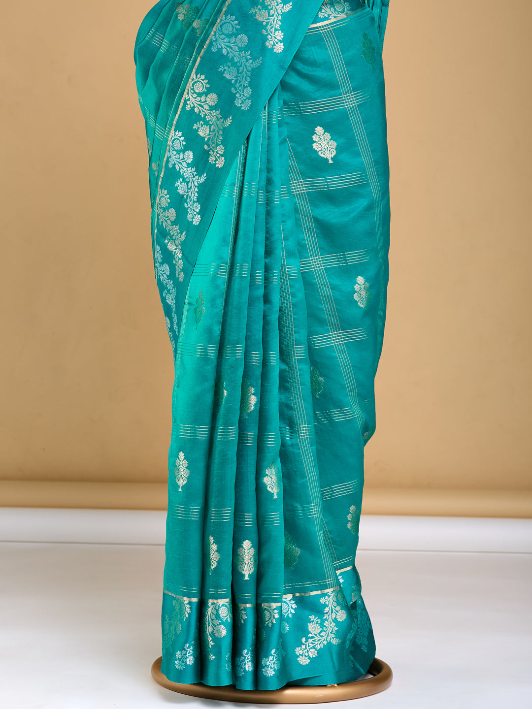 Gorgeous Teal Floral Banarasi Saree
