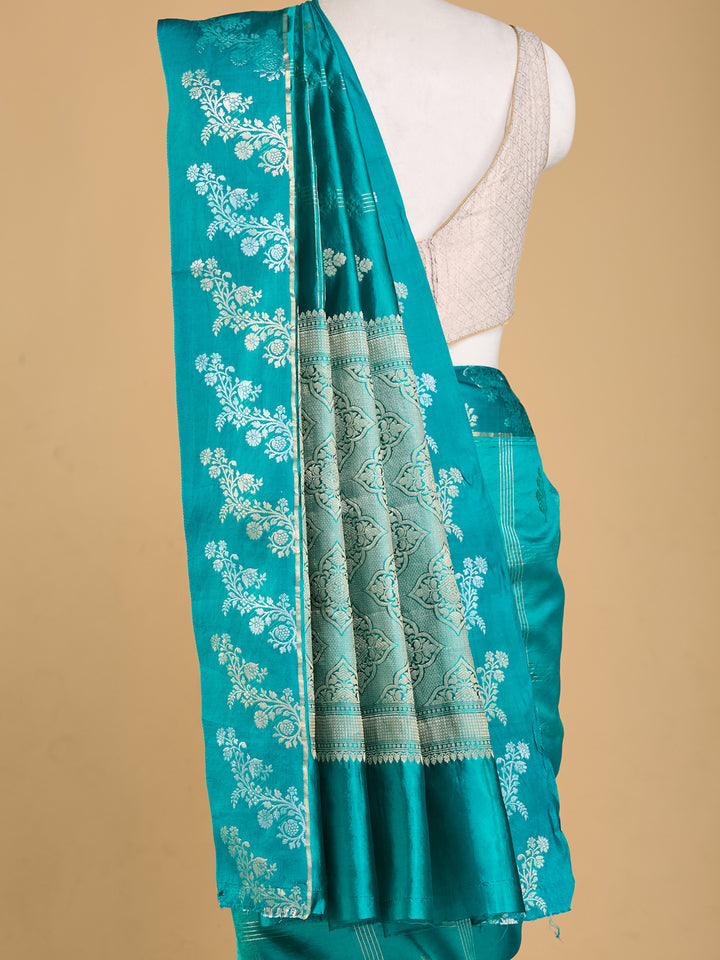 Gorgeous Teal Floral Banarasi Saree