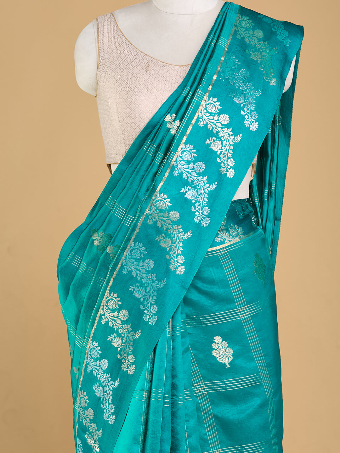 Gorgeous Teal Floral Banarasi Saree