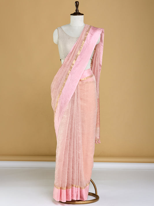 Soft Pink Textured Banarasi Saree with Golden Accents