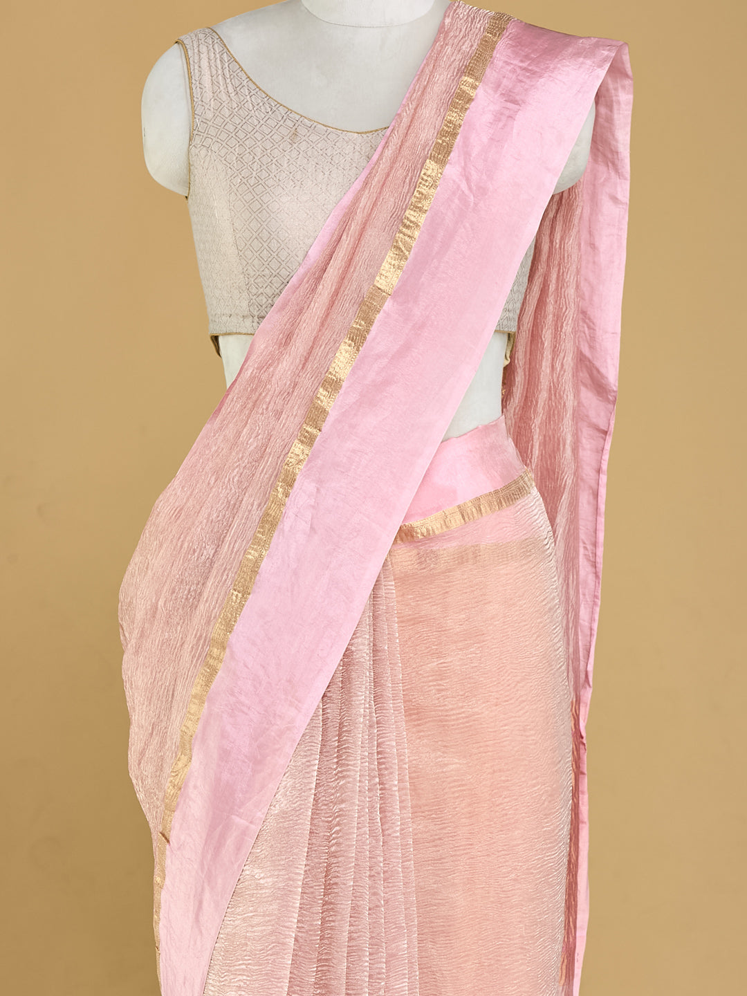 Soft Pink Textured Banarasi Saree with Golden Accents