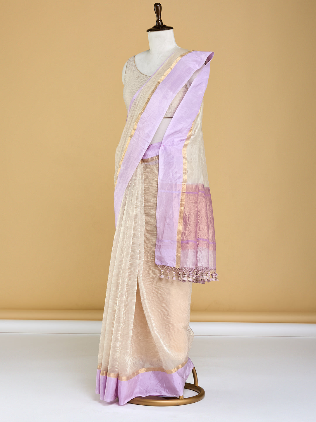 Graceful Ivory and Lavender Banarasi Saree with Golden Highlights