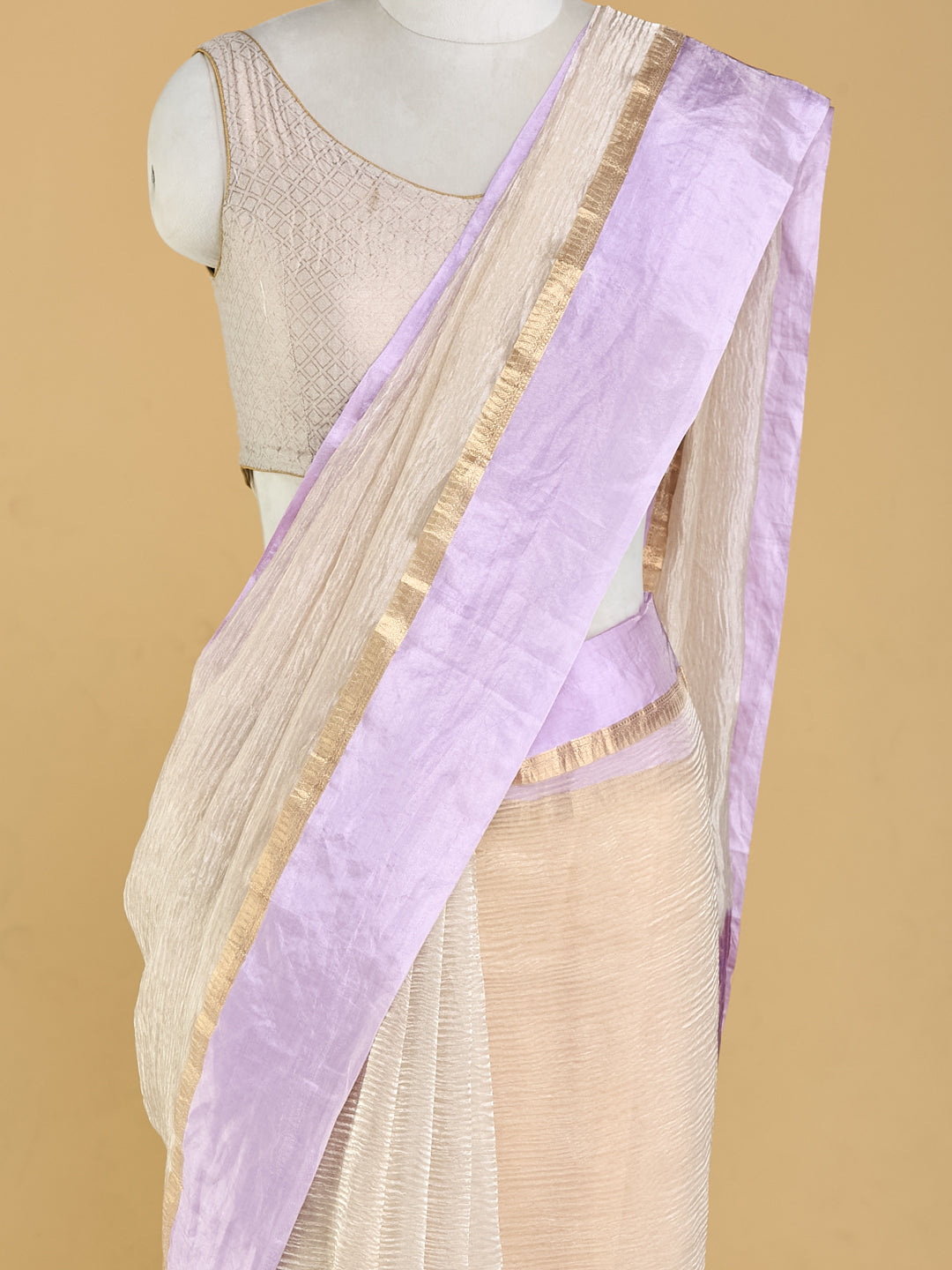 Graceful Ivory and Lavender Banarasi Saree with Golden Highlights