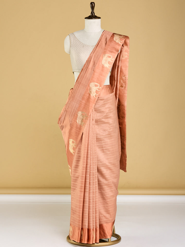 Elegant Peach Banarasi Saree with Golden Elephant Motifs