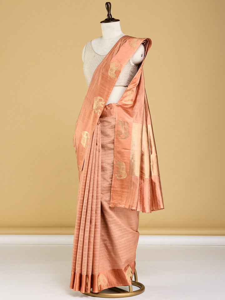 Elegant Peach Banarasi Saree with Golden Elephant Motifs