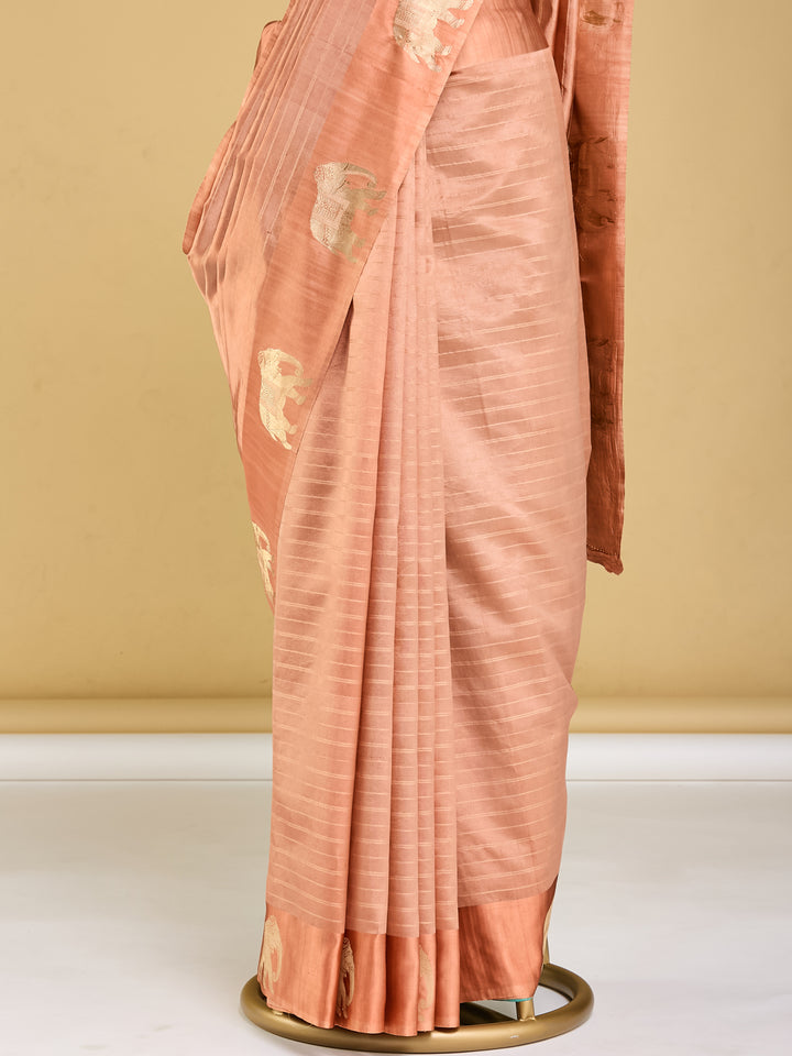 Elegant Peach Banarasi Saree with Golden Elephant Motifs