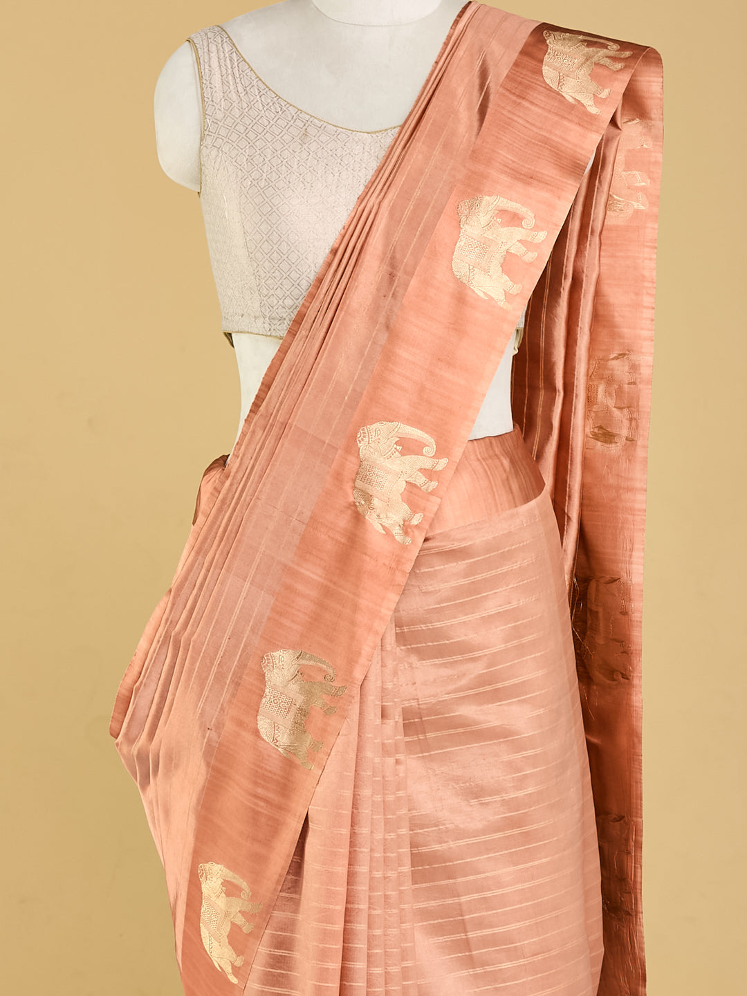 Elegant Peach Banarasi Saree with Golden Elephant Motifs