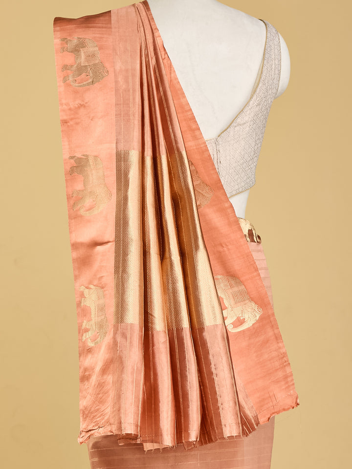 Elegant Peach Banarasi Saree with Golden Elephant Motifs
