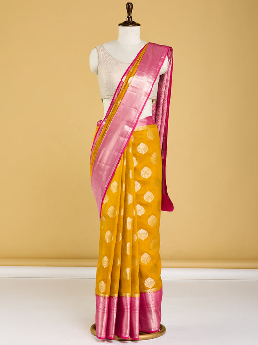 Vibrant Yellow and Pink Banarasi Saree with Gold Motifs