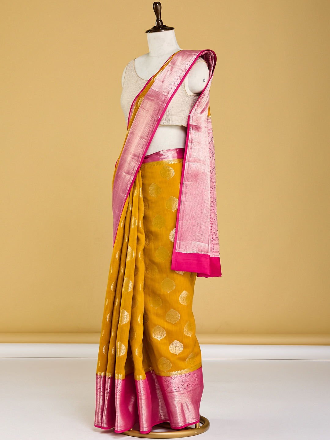 Vibrant Yellow and Pink Banarasi Saree with Gold Motifs