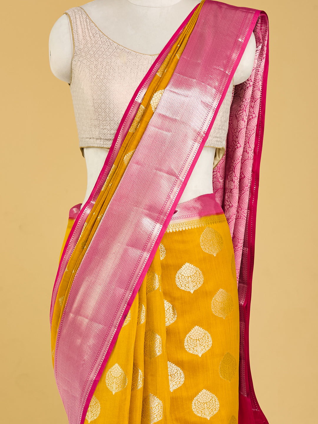 Vibrant Yellow and Pink Banarasi Saree with Gold Motifs