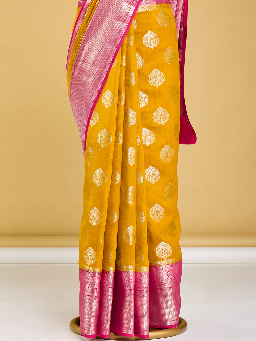 Vibrant Yellow and Pink Banarasi Saree with Gold Motifs