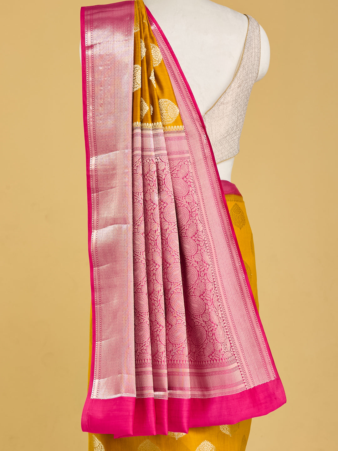 Vibrant Yellow and Pink Banarasi Saree with Gold Motifs