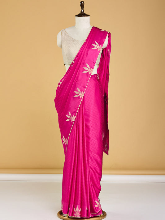 Radiant Pink Banarasi Saree with Golden Floral Motifs