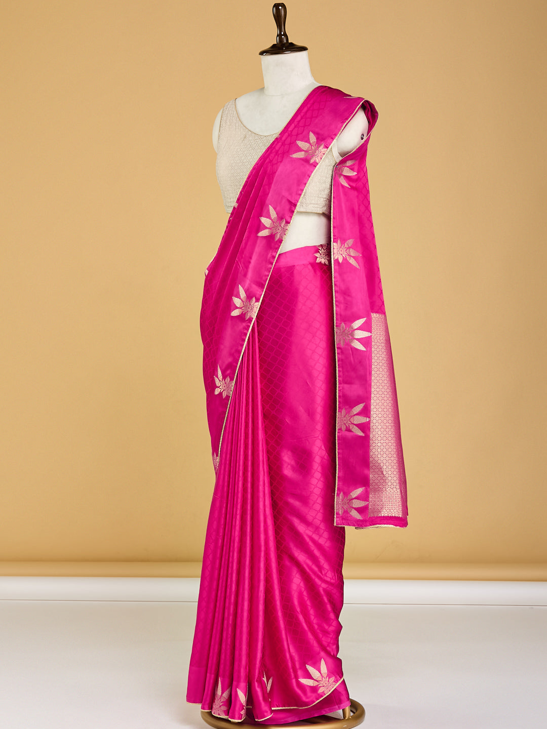 Radiant Pink Banarasi Saree with Golden Floral Motifs