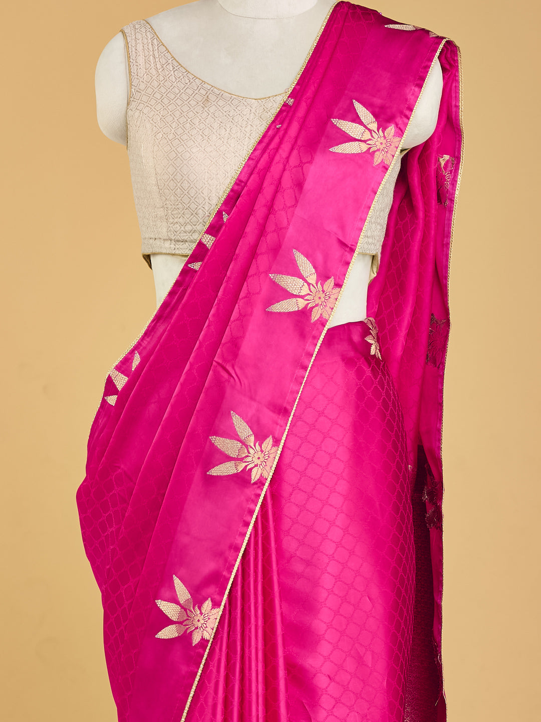 Radiant Pink Banarasi Saree with Golden Floral Motifs