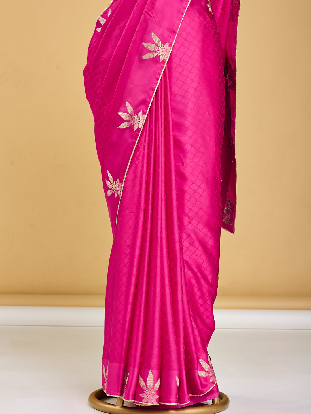 Radiant Pink Banarasi Saree with Golden Floral Motifs